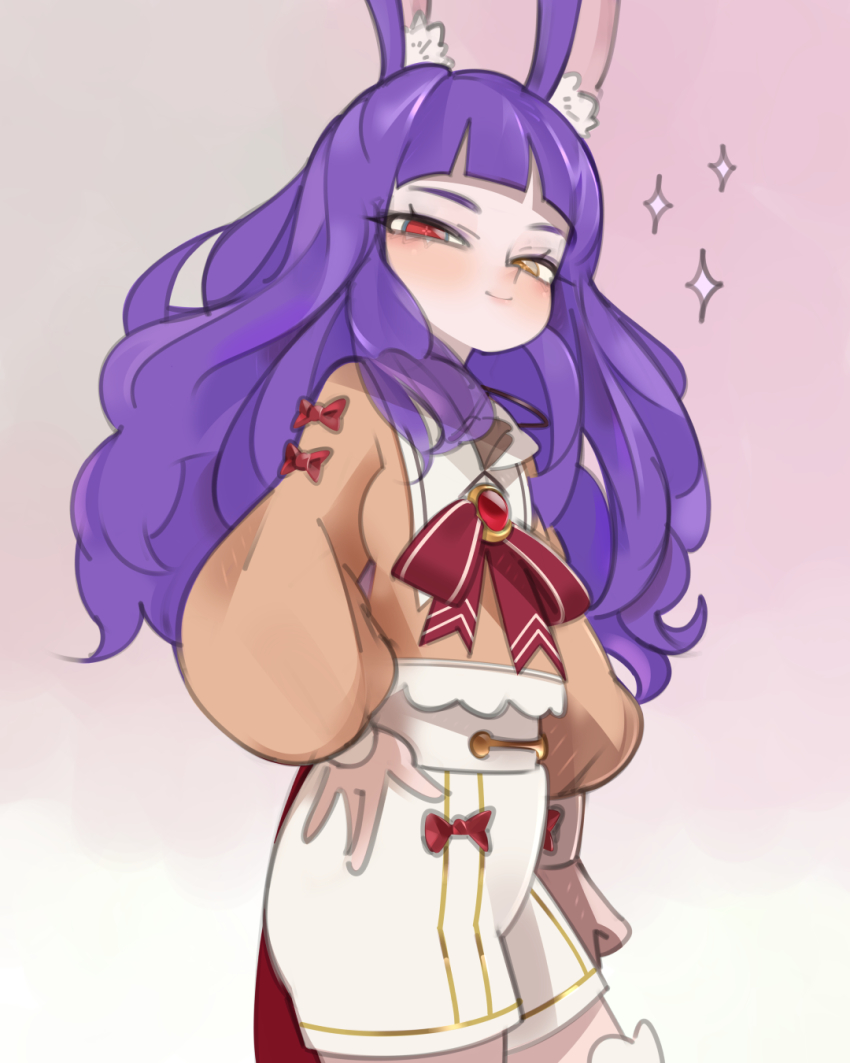 1girl, animal_ear_fluff, animal_ears, blush, bow, gradient_background, hand_on_own_hip, heterochromia, highres, indie_virtual_youtuber, long_hair, maddie_(vtuber), onionsketch, rabbit_ears, rabbit_girl, red_bow, red_eyes, shorts, smile, solo, sparkle, virtual_youtuber, white_shorts, yellow_eyes