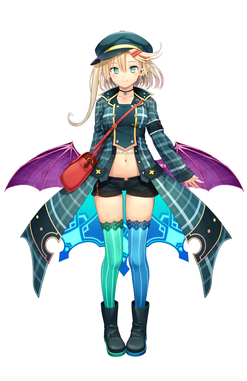 1girl, absurdres, artist_request, bag, black_footwear, black_thighhighs, blonde_hair, blue_thighhighs, demon_wings, green_eyes, green_thighhighs, hair_ornament, hairclip, hat, highres, hoshimeguri_gakuen, jewelry, necklace, official_art, oguri_mel, one_side_up, short_hair, short_shorts, shorts, simple_background, smile, solo, tagme, thighhighs, virtual_youtuber, white_background, wings
