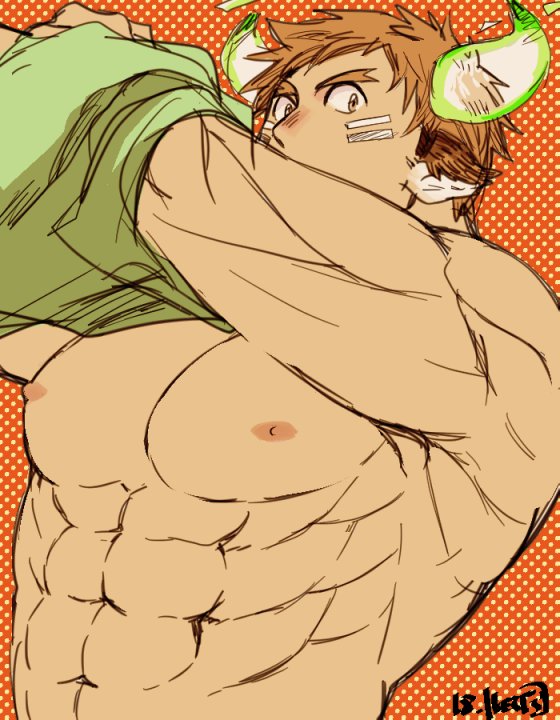 1boy, abs, animal_ears, bara, bare_pectorals, bouncing_pecs, brown_eyes, brown_hair