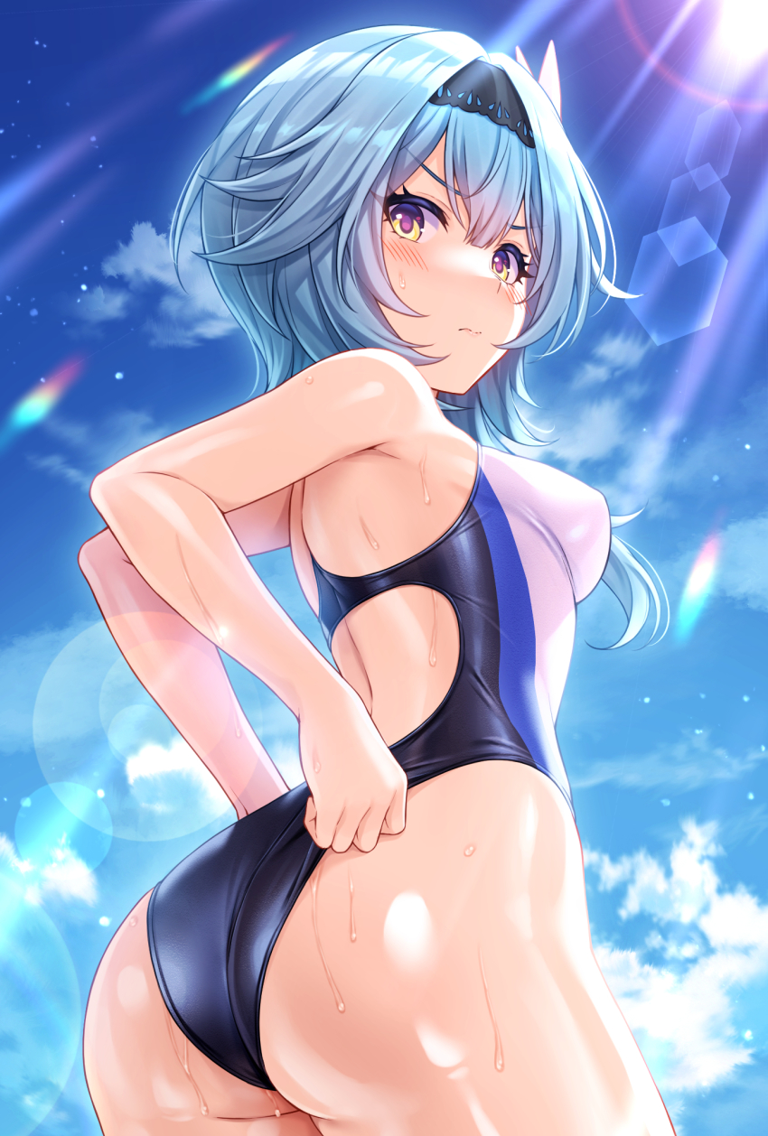 1girl, ass, ass_focus, back_cutout, black_hairband, blue_hair, blue_sky, blush