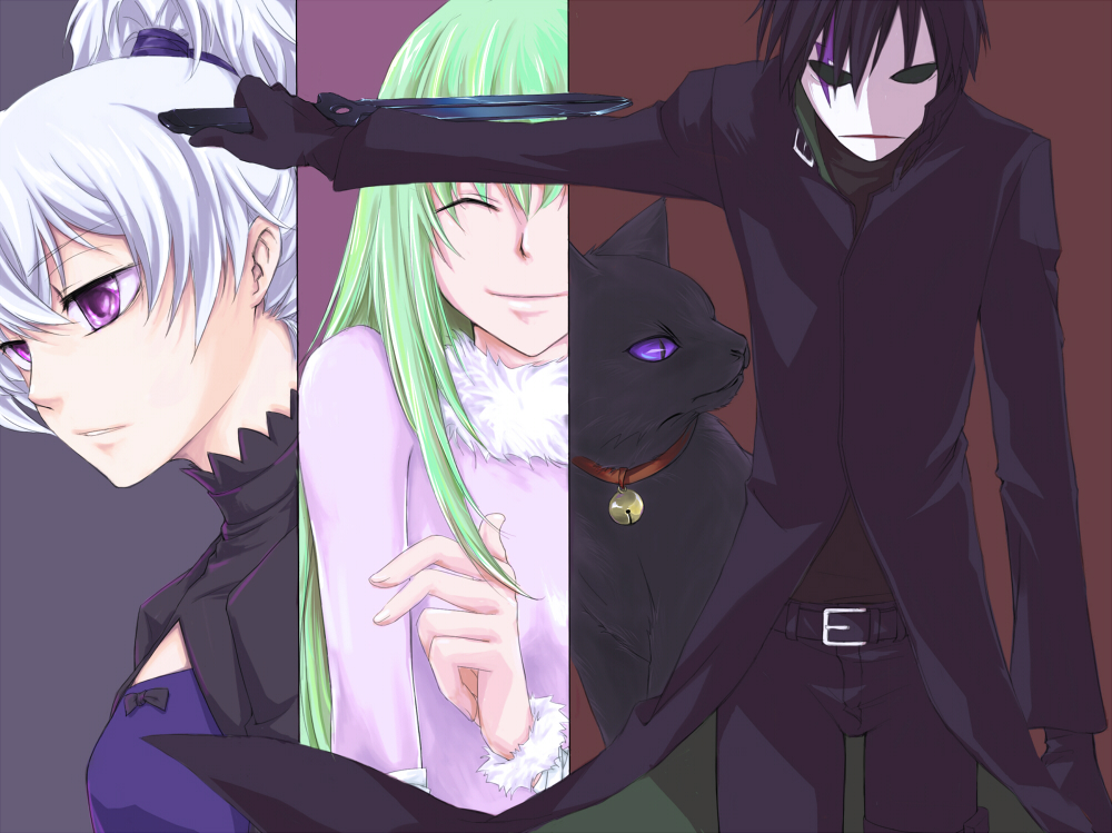 00s, 1boy, 2girls, amber_(darker_than_black), black_cat, black_hair, cat, darker_than_black, green_hair, hei_(darker_than_black), long_hair, mao_(darker_than_black), mask, multiple_girls, nekorain, ponytail, purple_eyes, short_hair, silver_hair, smile, yin_(darker_than_black)