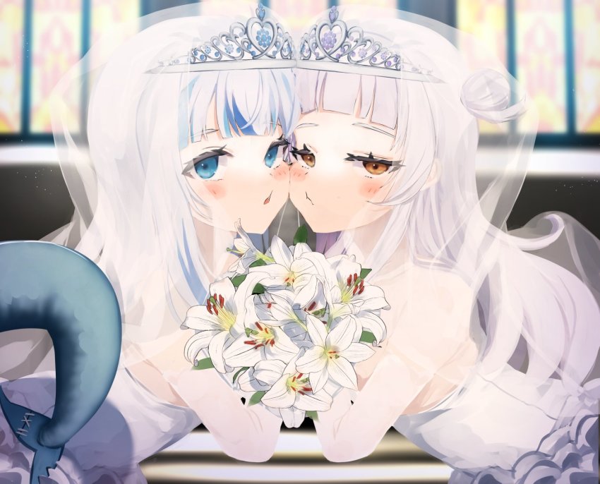 2girls, blue_eyes, blush, bouquet, bridal_veil, cheek-to-cheek, dress, female_focus