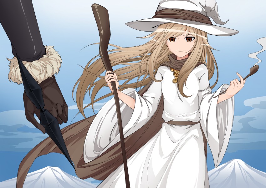 2girls, absurdres, brown_cape, brown_eyes, brown_gloves, brown_hair, cape, day, fur_trim, gloves, hat, highres, holding, holding_staff, ke_(justanegg), kunai, long_hair, long_sleeves, miracera_master_of_the_magic_institute, multiple_girls, outdoors, pixiv_fantasia, pixiv_fantasia_last_saga, quintica_chief_of_the_polar_night, robe, smoking, smoking_pipe, solo, staff, standing, weapon, white_hat, white_robe, wide_sleeves