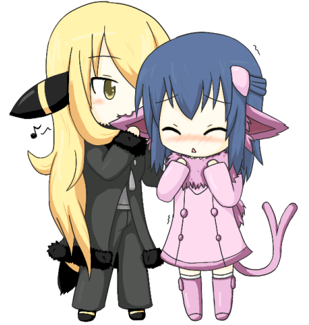 2girls, :<, :3, animal_ears, biting, biting_ear, blonde_hair, blue_hair, blush, boots, cat_ears, cat_tail, chibi, cosplay, costume, cynthia_(pokemon), dawn_(pokemon), espeon, espeon_(cosplay), gen_2_pokemon, jazu, long_hair, lowres, multiple_girls, musical_note, nintendo, pink_boots, pokemon, pokemon_diamond/pearl/platinum, tail, trembling, umbreon, umbreon_(cosplay), uncommon_stimulation, very_long_hair, yuri
