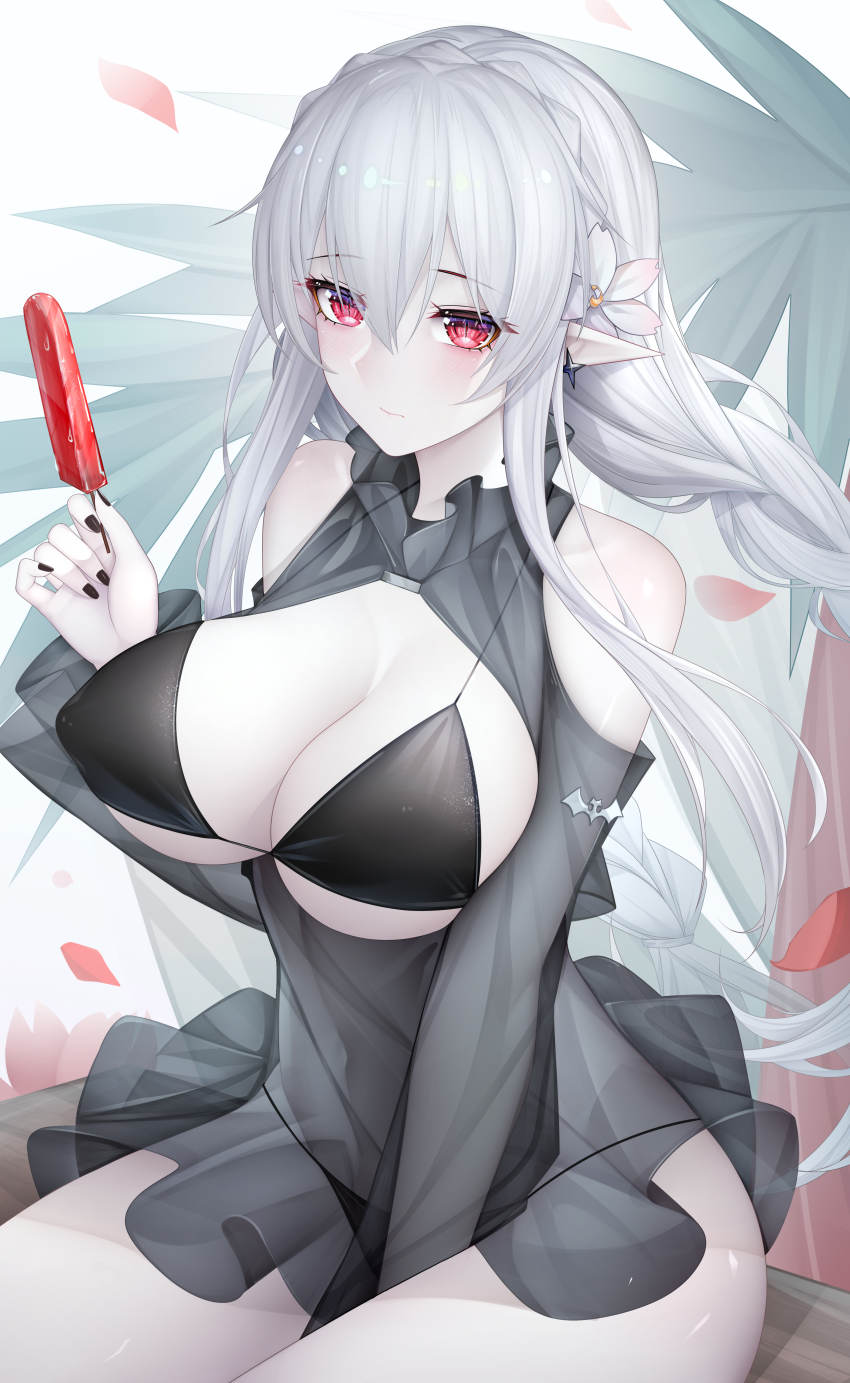 1girl, absurdres, adapted_costume, alternate_breast_size_(larger), arknights, bad_id, bad_pixiv_id, bare_shoulders, bat_ornament, bikini, bikini_under_clothes, binggong_asylum, black_nails, blush, braid, breasts, cleavage, clothing_cutout, floating_hair, flower, food, hair_between_eyes, hair_flower, hair_ornament, has_bad_revision, has_downscaled_revision, highres, holding, holding_food, large_breasts, long_hair, looking_at_viewer, md5_mismatch, nail_polish, official_alternate_costume, pale_skin, palm_tree, pointy_ears, popsicle, red_eyes, resolution_mismatch, see-through_clothes, shoulder_cutout, silver_hair, solo, source_smaller, swimsuit, tree, warfarin_(arknights), warfarin_(casual_vacation)_(arknights), wind