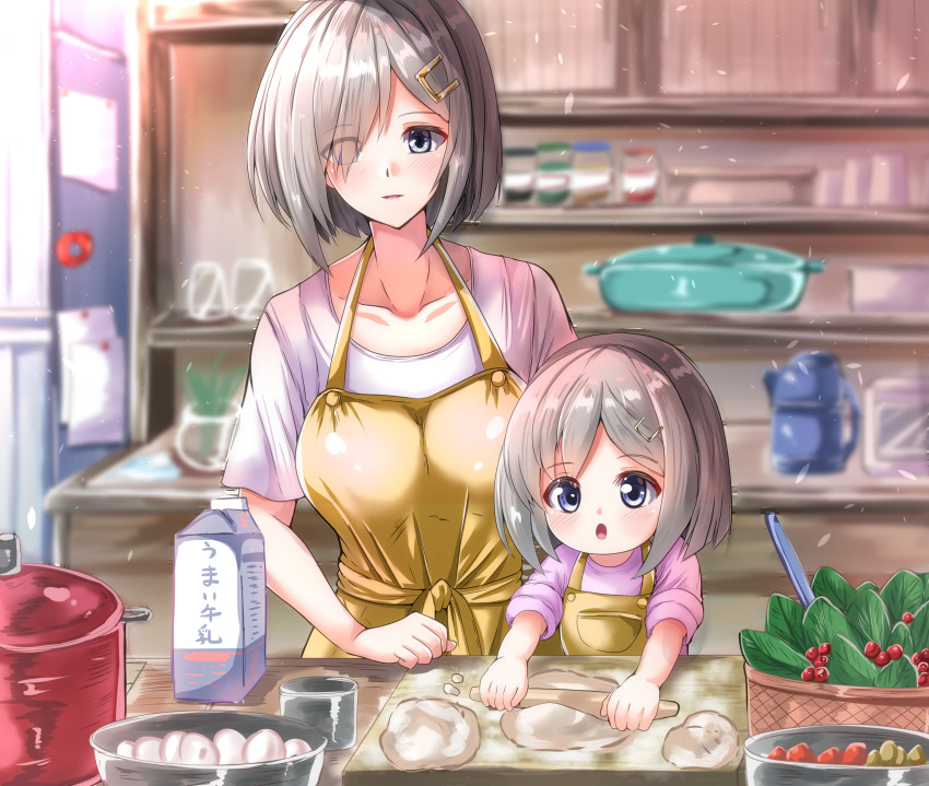 2girls, absurdres, alternate_costume, apron, baking, baking_sheet, blue_eyes, bowl