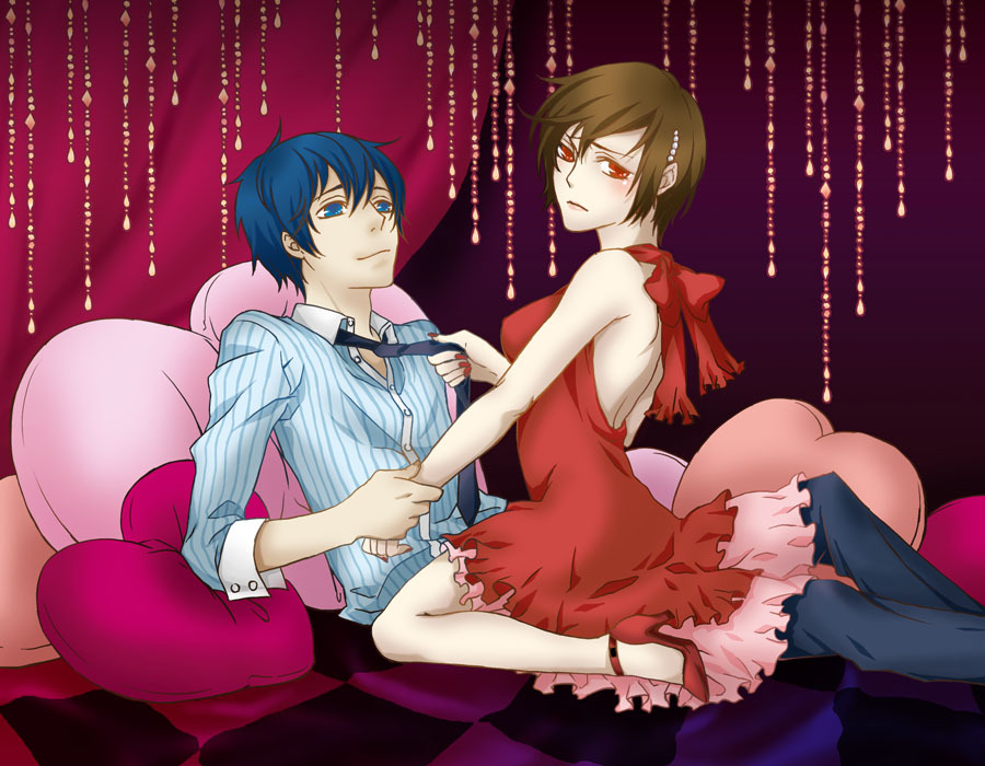 1boy, 1girl, bad_id, bad_piapro_id, blue_eyes, blue_hair, brown_hair, dress, girl_on_top, heart, heart-shaped_pillow, high_heels, kaito_(vocaloid), meiko_(vocaloid), necktie, pillow, red_dress, red_eyes, red_skirt, sabo_(srapenil), shoes, short_hair, skirt, smile, vocaloid, world_is_mine_(vocaloid)