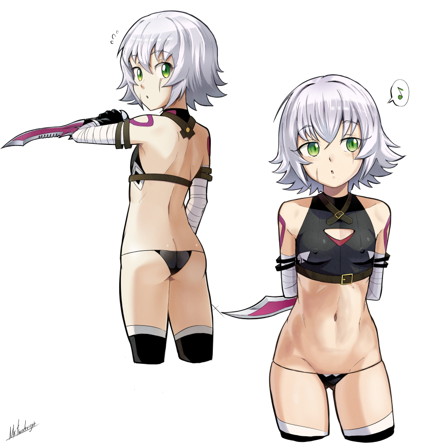 2girls, absurdres, arms_behind_back, ass, bare_shoulders, black_legwear, breasts, butt_crack, cleavage_cutout, clothing_cutout, covered_erect_nipples, cowboy_shot, cropped_legs, fate/apocrypha, fate/grand_order, fate_(series), from_behind, green_eyes, grey_hair, highres, jack_the_ripper_(fate/apocrypha), looking_at_viewer, looking_back, mr.thunderigor, multiple_girls, navel, scar, scar_across_eye, scar_on_face, signature, simple_background, small_breasts, standing, thighhighs, white_background