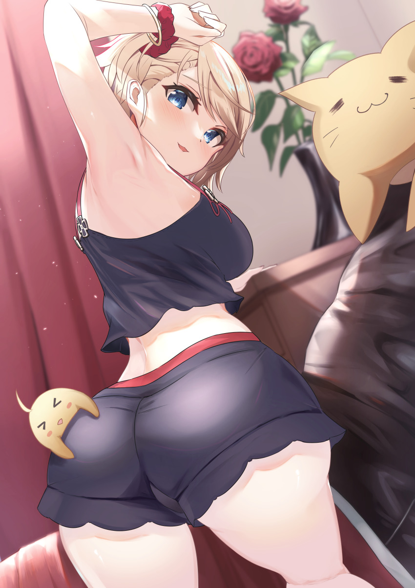 1girl, absurdres, arm_up, armpits, ass, azur_lane, baby_animal, bed, bed_sheet, bird, blurry, bracelet, brown_hair, chick, commentary_request, cross, curtains, depth_of_field, flower, from_behind, grey_eyes, head_tilt, highres, iron_cross, jewelry, looking_at_viewer, looking_back, manjuu_(azur_lane), official_alternate_costume, pajamas, parted_lips, puripuri, red_flower, red_rose, revision, rose, short_hair, short_shorts, shorts, sidelocks, smile, solo, spaghetti_strap, stuffed_animal, stuffed_cat, stuffed_toy, twisted_torso, wrist_cuffs, z23_(azur_lane), z23_(keeper_of_the_comf-fort)_(azur_lane)