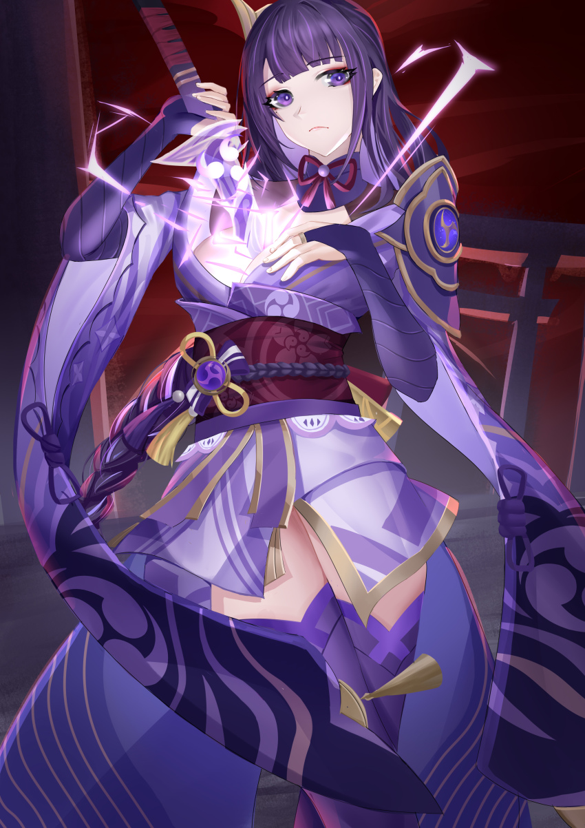 1girl, absurdres, braid, breasts, bridal_gauntlets, cleavage, closed_mouth, coattails, commentary, electricity, english_commentary, floral_print, genshin_impact, hair_ornament, hand_on_own_chest, highres, holding, holding_sword, holding_weapon, human_scabbard, japanese_clothes, kimono, large_breasts, long_hair, long_sleeves, looking_at_viewer, mitsudomoe_(shape), mole, mole_under_eye, obi, obiage, obijime, purple_eyes, purple_hair, raiden_shogun, ribbon, sash, solo, sword, tailcoat, tassel, thighhighs, tomoe_(symbol), torii, weapon, wide_sleeves, ying_fa