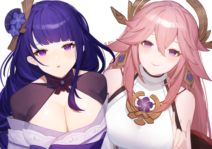 2girls, \m/, absurdres, animal_ears, ayu_(ayuyu0924), bare_shoulders, blush, breasts