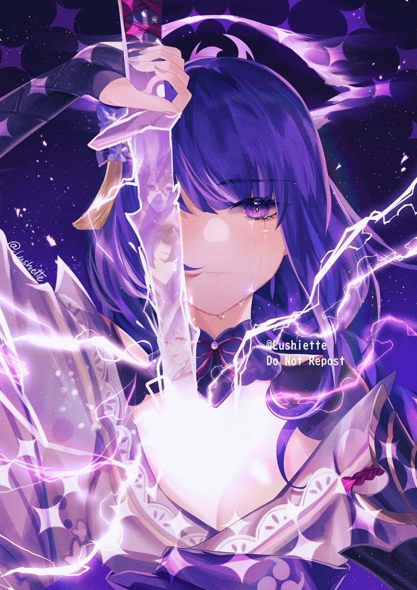 1other, black_hair, breasts, bridal_gauntlets, chiyo_(genshin_impact), cleavage, closed_eyes, closed_mouth