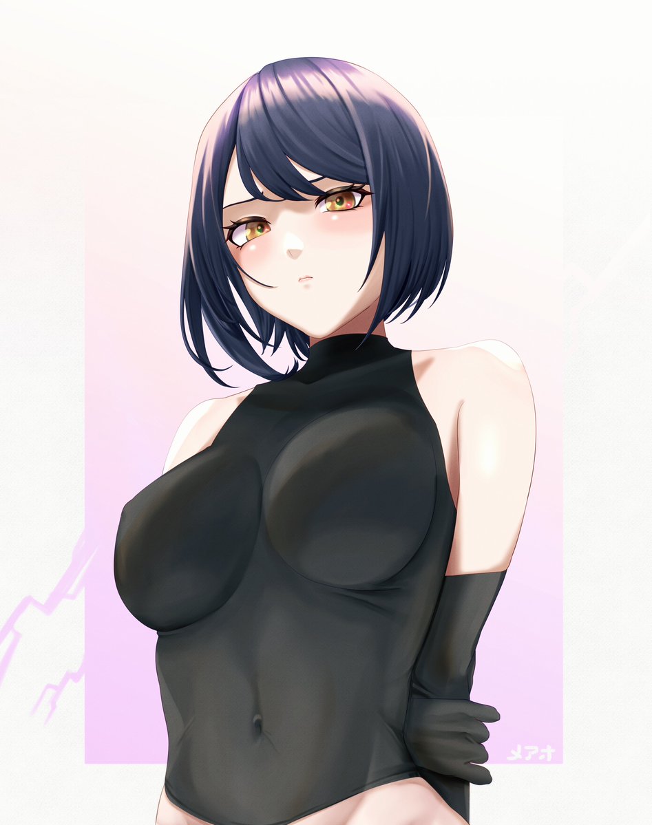 1girl, black_bodysuit, black_gloves, black_hair, bodysuit, breasts, covered_navel, elbow_gloves, genshin_impact, gloves, kujou_sara, large_breasts, looking_at_viewer, me_ao_(many_blue_leaves), short_hair, solo, upper_body, yellow_eyes