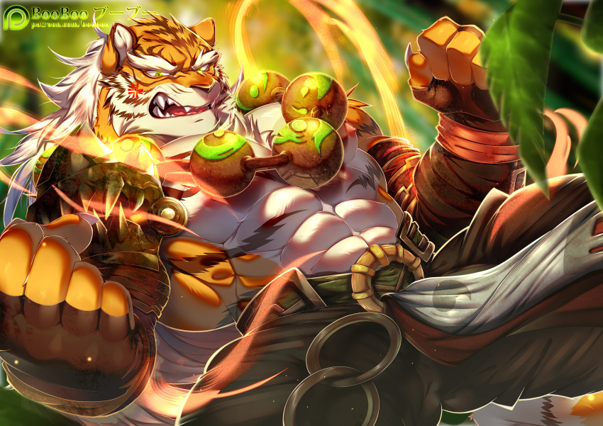 1boy, abs, absurdres, anger_vein, animal_ears, armor, bandages, bara