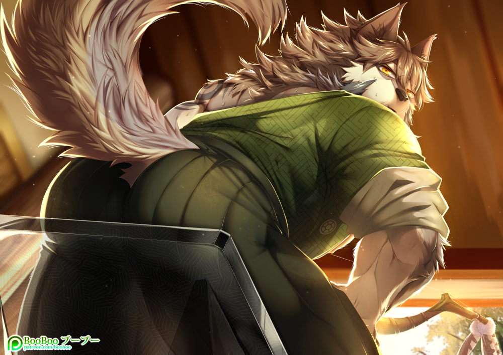 1boy, animal_ears, ass, ass_focus, bara, beige_fur, booboo_(19816236), brown_hair, chair, facial_hair, fluffy, from_below, furry, furry_male, goatee, green_kimono, hair_between_eyes, hakama, hakama_pants, japanese_clothes, kimono, male_focus, muscular, muscular_male, on_chair, paid_reward_available, pants, short_hair, sitting, sleeves_rolled_up, solo, tail, temujin_(housamo), thighs, tokyo_houkago_summoners, wolf_boy, wolf_ears, wolf_tail