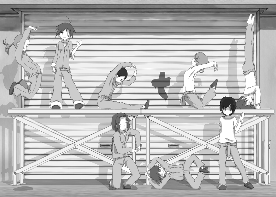 00s, 1boy, 6+girls, :3, antenna_hair, asou_natsumi, greyscale, himuro_fuu
