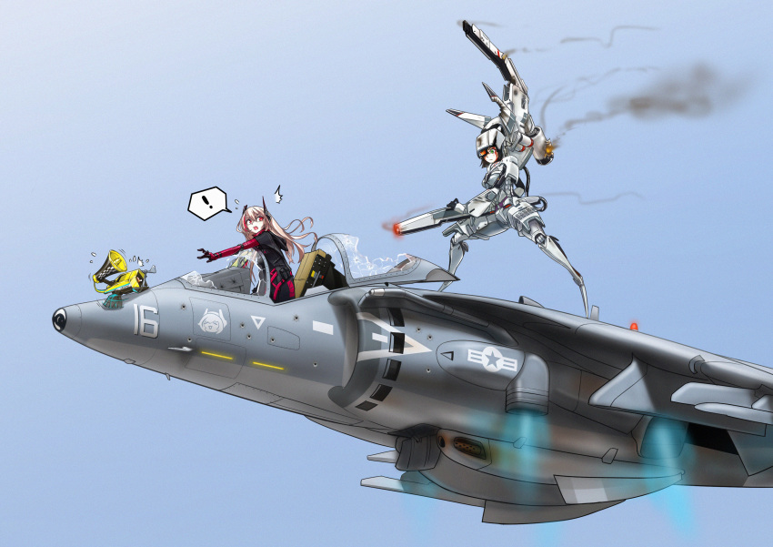 2girls, absurdres, android, bad_id, bad_pixiv_id, banana_(girls'_frontline), broken_glass, damaged, expressionless, girls'_frontline, glass, green_eyes, gun, hawker_harrier, highres, m4_sopmod_ii_(girls'_frontline), m4_sopmod_ii_(mod3)_(girls'_frontline), mechanical_legs, mechabare, multiple_girls, onis, red_eyes, ro635_(girls'_frontline), scene_reference, smoke, smoking, smoking_barrel, surprised, true_lies, weapon