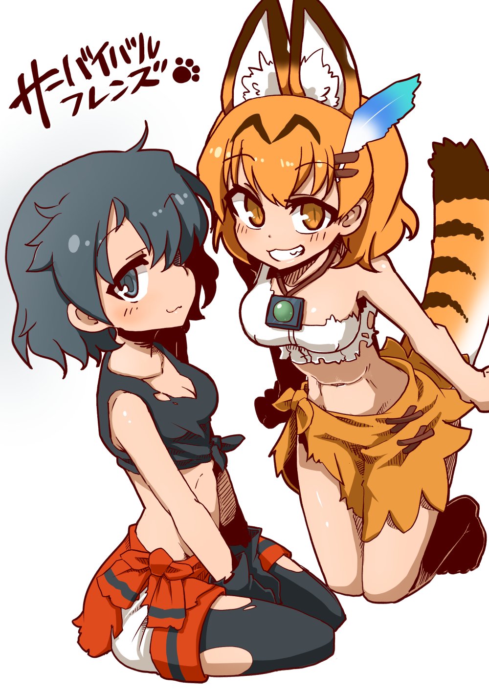 2girls, 370ml, animal_ear_fluff, animal_ears, animal_print, bad_id, bad_twitter_id, black_eyes