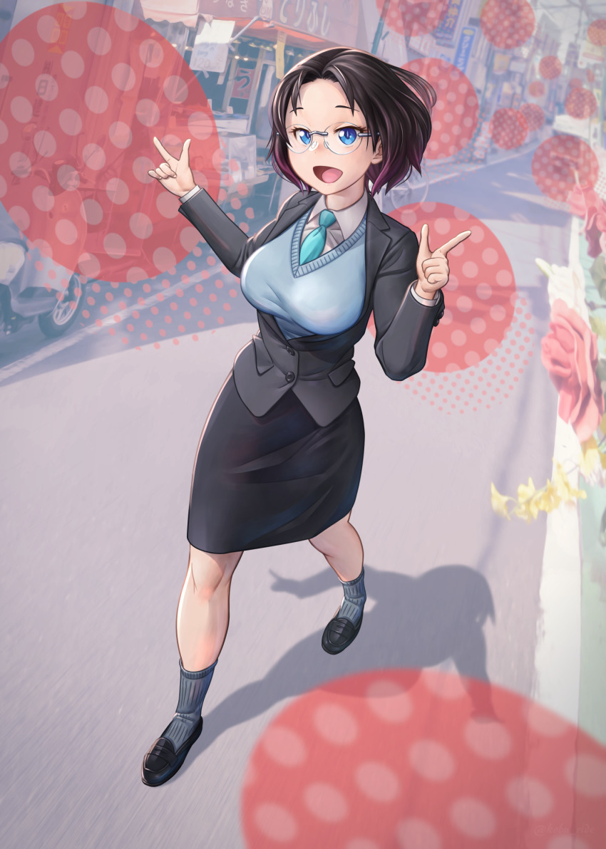 1girl, :d, blouse, blue_eyes, blue_necktie, blue_vest, circle, clip_studio_paint_(medium), collared_shirt, day, double_finger_gun, elma_(maidragon), finger_gun, flower, formal_clothes, glasses, gradient_hair, grey_socks, highres, kobayashi-san_chi_no_maidragon, kobutori_ride, loafers, looking_at_viewer, motorized_scooter, multicolored_hair, necktie, office_lady, open_mouth, outdoors, road, shadow, shirt, shoes, shop, short_hair, skirt, smile, socks, solo, street, suit, v, vest, walking, white_shirt