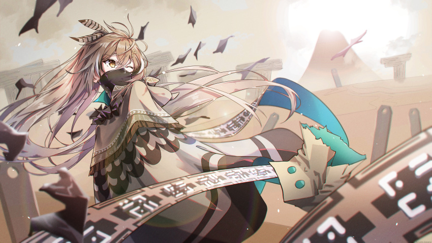 1girl, absurdres, bag, brown_cloak, brown_eyes, brown_hair, cloak, cosplay, daidai_(daidai826), desert, feather_hair_ornament, feathers, floating_hair, friend_(nanashi_mumei), hair_ornament, highres, hololive, hololive_english, journey, long_hair, mask, mountain, nanashi_mumei, nanashi_mumei_(1st_costume), one_eye_closed, paper_bag, ponytail, solo, traveler, traveler_(cosplay), traveler_(journey), virtual_youtuber