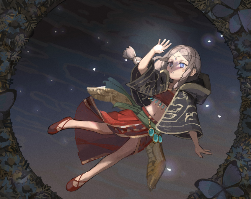 1girl, arm_up, bare_legs, blue_eyes, blush_stickers, braid, braided_ponytail, full_body, grey_hair, hood, hood_down, lilim_(megido72), long_hair, megido72, midriff, navel, parted_lips, red_shoes, sasumata_jirou, shadow, shoes, solo, symbol-shaped_pupils