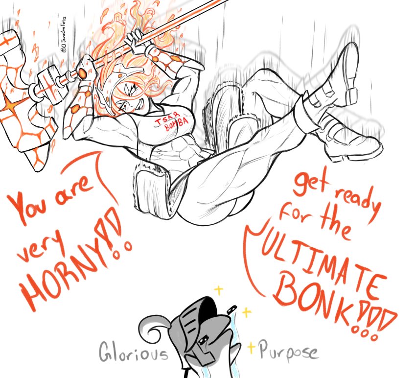 1boy, 1girl, abs, absurdres, blacksmith, blacksmith_(guardian_tales), crying, eljarochofeliz, english_text, falling, fiery_hair, guardian_tales, hammer, helmet, highres, male_knight_(guardian_tales), meme, muscular, puppet_(eljarochofeliz), red_hair