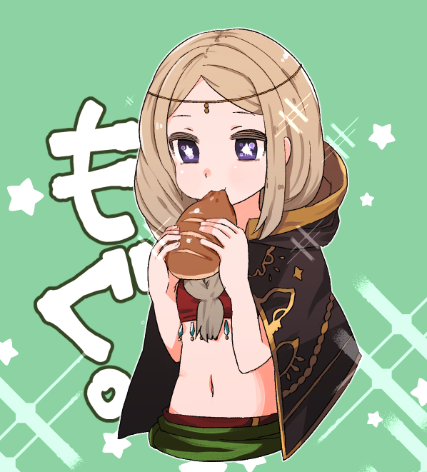 1girl, blue_eyes, bread, cropped_torso, eating, food, green_background, grey_hair