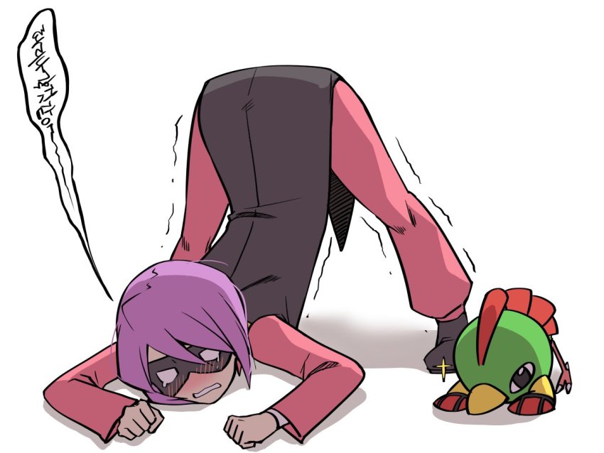 1boy, blush, clenched_hands, clenched_teeth, commentary_request, domino_mask, eye_mask, gen_2_pokemon