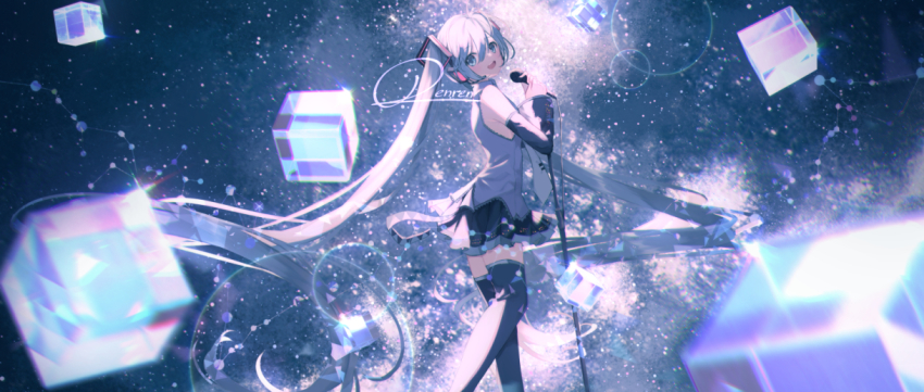 1girl, abstract_background, aqua_eyes, aqua_hair, aqua_necktie, bare_shoulders, black_skirt, black_sleeves, black_thighhighs, boots, bubble, commentary, cube, detached_sleeves, feet_out_of_frame, grey_background, grey_shirt, hair_between_eyes, hatsune_miku, holding, holding_microphone, long_hair, looking_at_viewer, looking_back, microphone, microphone_stand, necktie, open_mouth, pleated_skirt, renren_(pixiv22963369), shirt, signature, skirt, smile, solo, teeth, thigh_boots, thighhighs, twintails, upper_teeth_only, very_long_hair, vocaloid