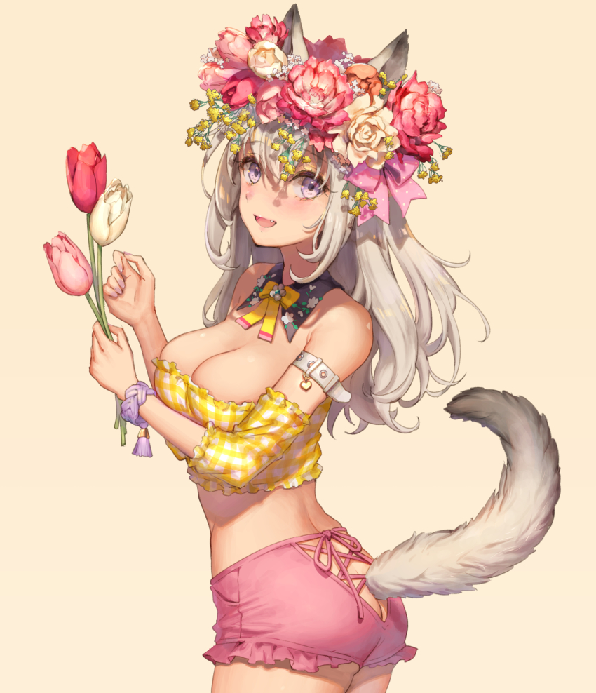 1girl, :d, animal_ears, arm_belt, ass, ass_cutout, black_collar, bow