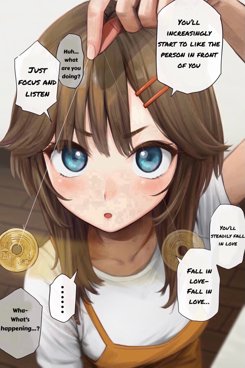 1girl, arm_up, blue_eyes, blush, brown_hair, coin, coin_on_string, collarbone, commentary, commentary_request, copyright_request, english_commentary, english_text, hair_ornament, hairclip, highres, holding, holding_string, holed_coin, hypnosis, indoors, looking_at_viewer, medium_hair, mind_control, open_mouth, potato_iida, pov, shirt, short_hair, short_sleeves, solo, speech_bubble, string, tagme, text_focus, translated, white_shirt, wooden_floor