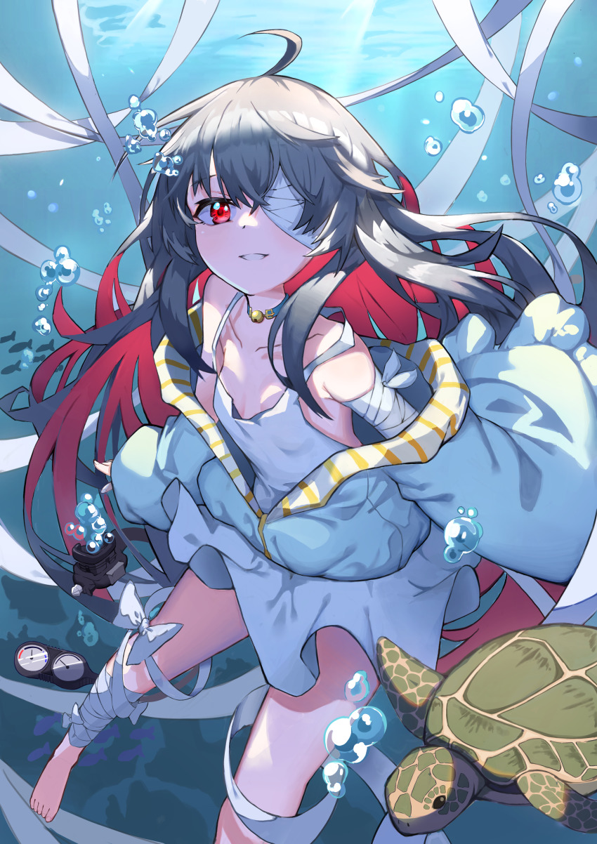 1girl, absurdres, ahoge, air_bubble, alchemy_stars, bandage_over_one_eye, bandaged_arm, bandaged_leg