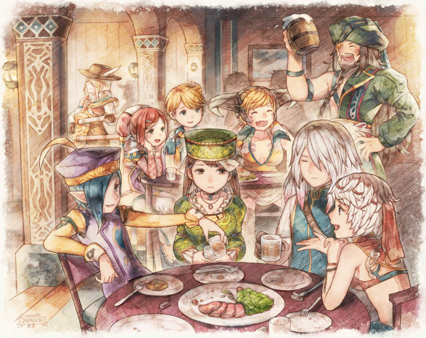aisha_(saga), albert_(romancing_saga), barbara_(romancing_saga), blonde_hair, breasts, brown_hair, chair, claudia_(saga)