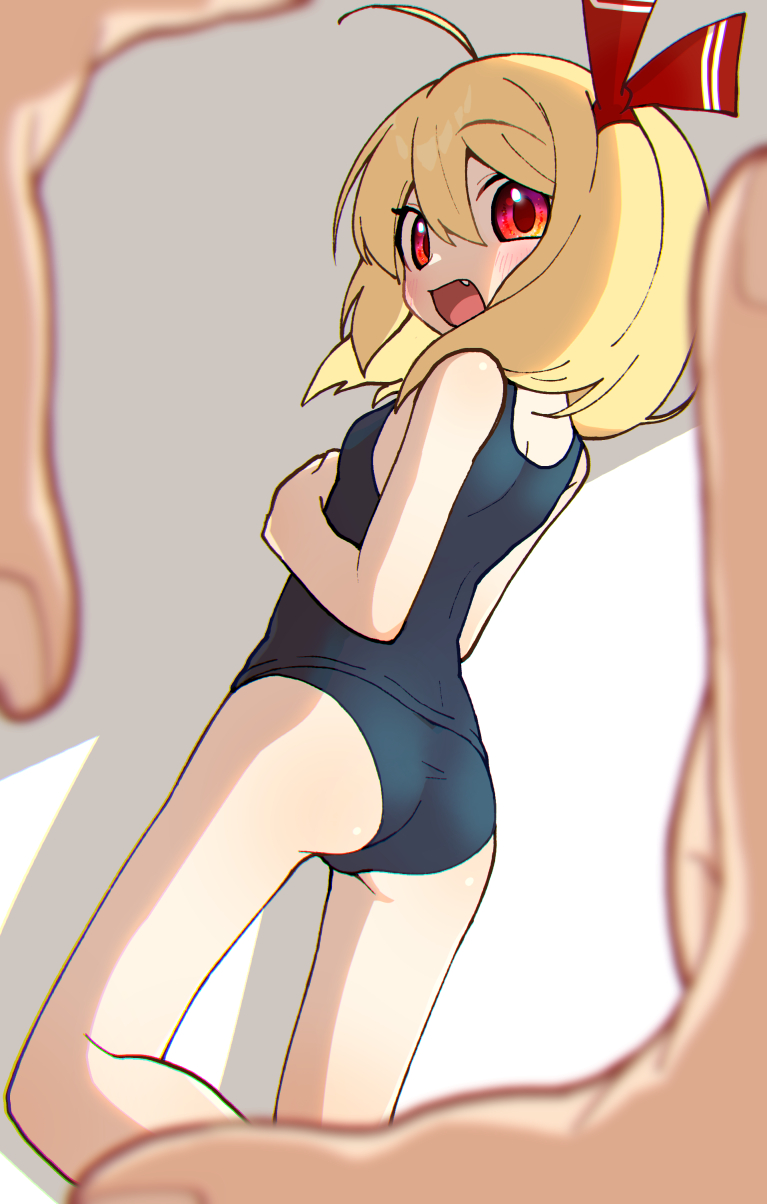 1girl, ahoge, black_one-piece_swimsuit, blonde_hair, fang, finger_frame, grey_background, hair_between_eyes