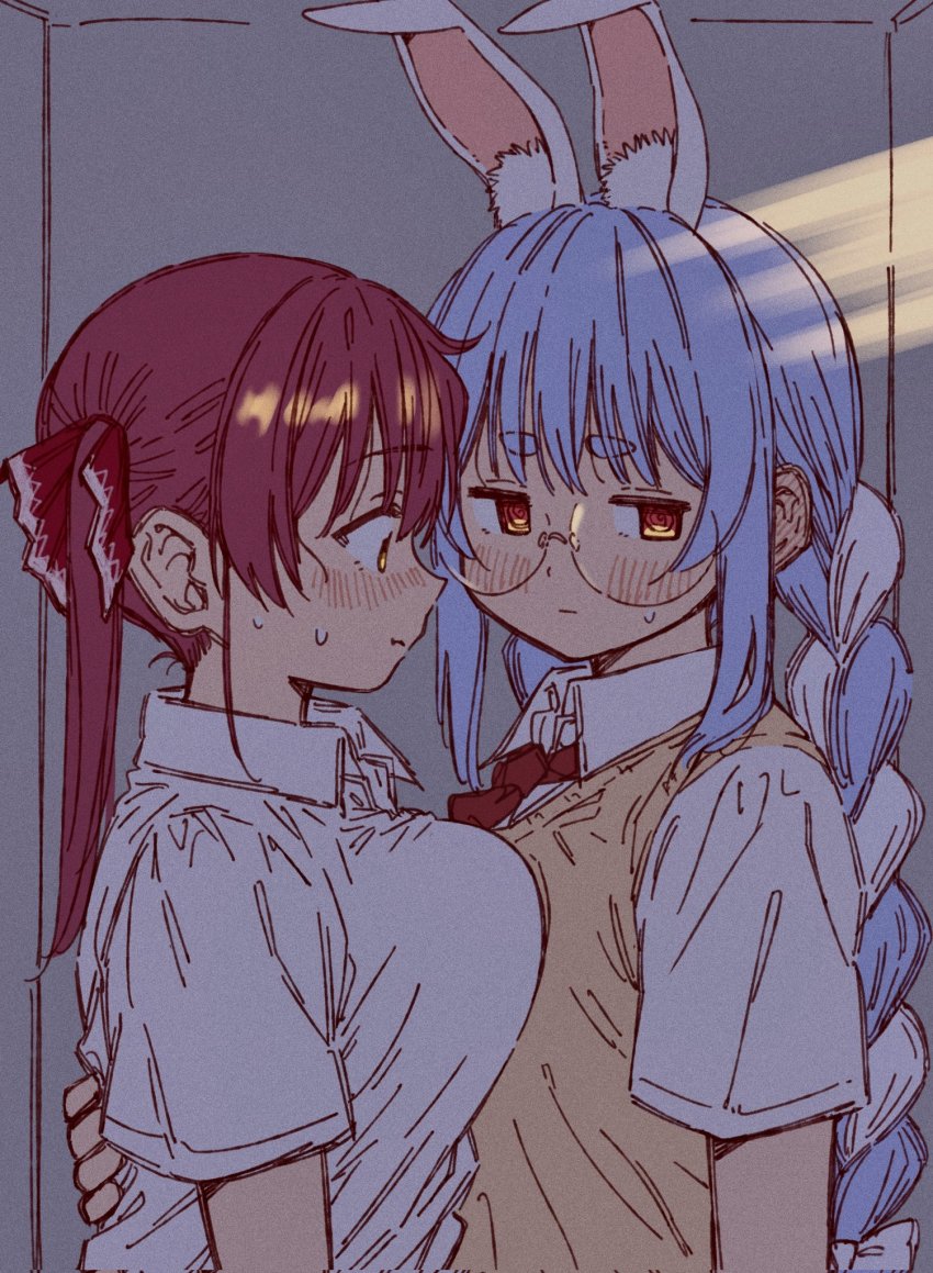 @_@, alternate_costume, animal_ear_fluff, animal_ears, bespectacled, blouse, blue_hair, blush