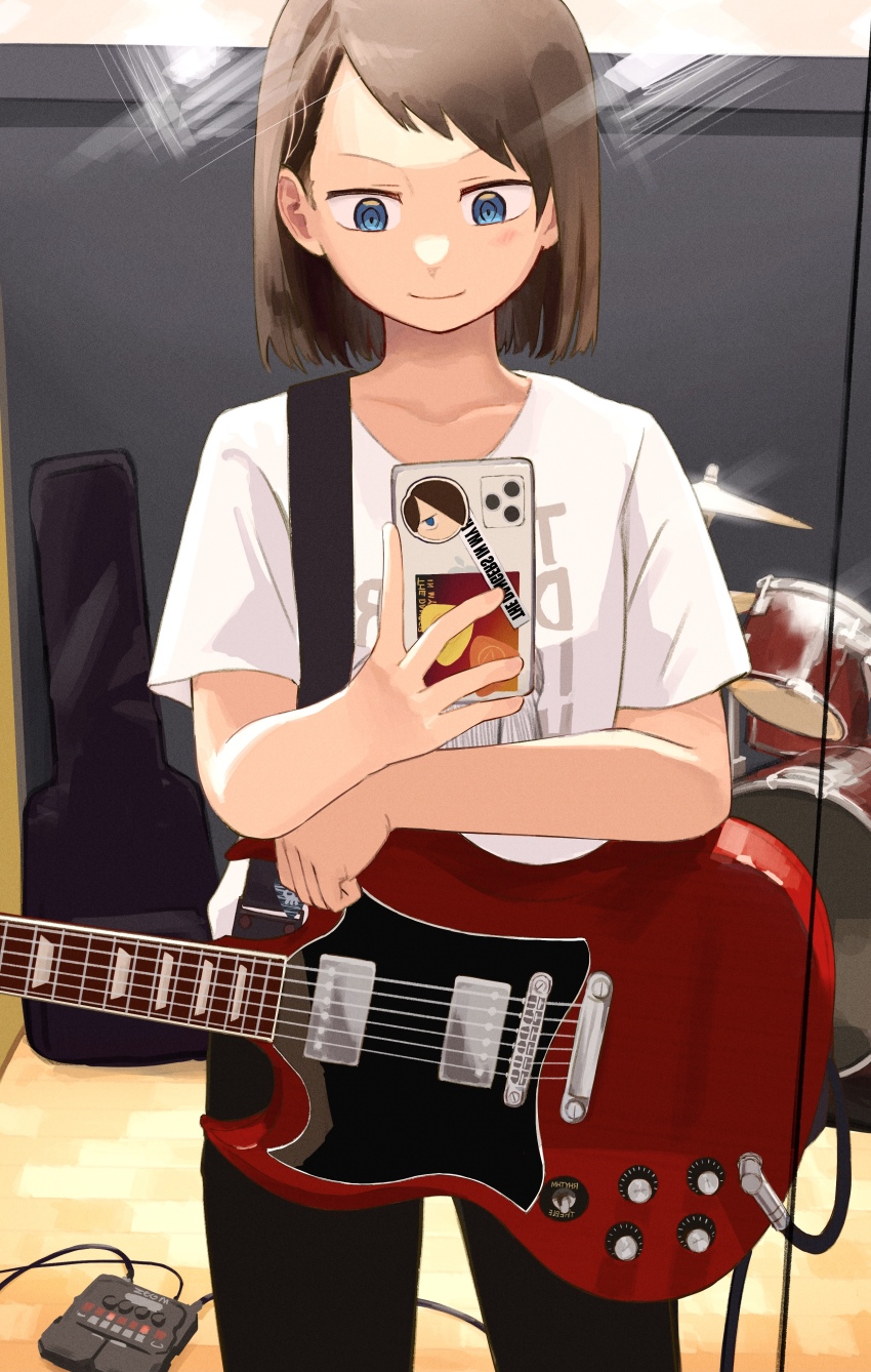 1girl, absurdres, asymmetrical_bangs, black_pants, blunt_ends, boku_no_kokoro_no_yabai_yatsu, brown_hair, collarbone, cowboy_shot, drum, electric_guitar, gibson_sg, guitar, highres, holding, holding_instrument, holding_phone, ichikawa_kana, ichikawa_kyoutarou, instrument, light_smile, looking_at_phone, mirror, mirror_selfie, pants, phone, plectrum, print_shirt, recording_studio, ringed_eyes, selfie, shirt, sticker, taking_picture, white_shirt, zumisan3