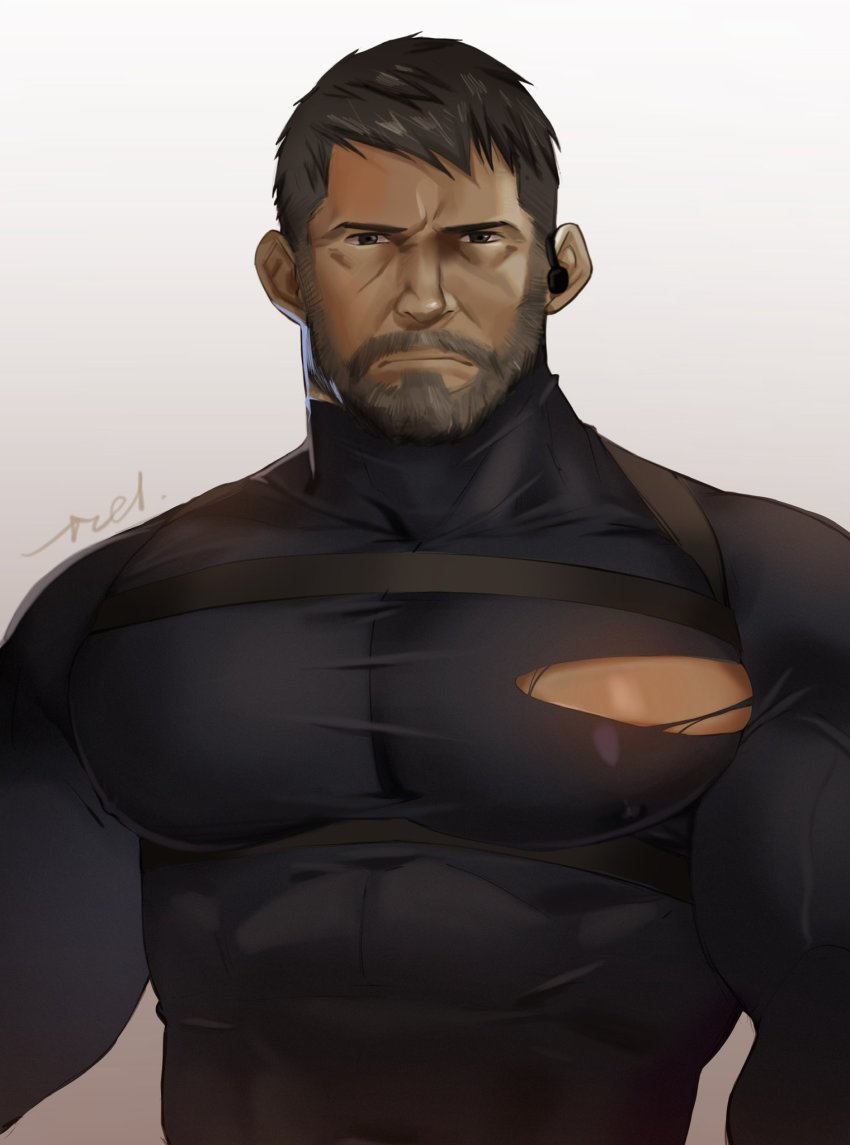 1boy, bara, beard, black_shirt, brown_hair, chris_redfield, covered_abs, covered_erect_nipples