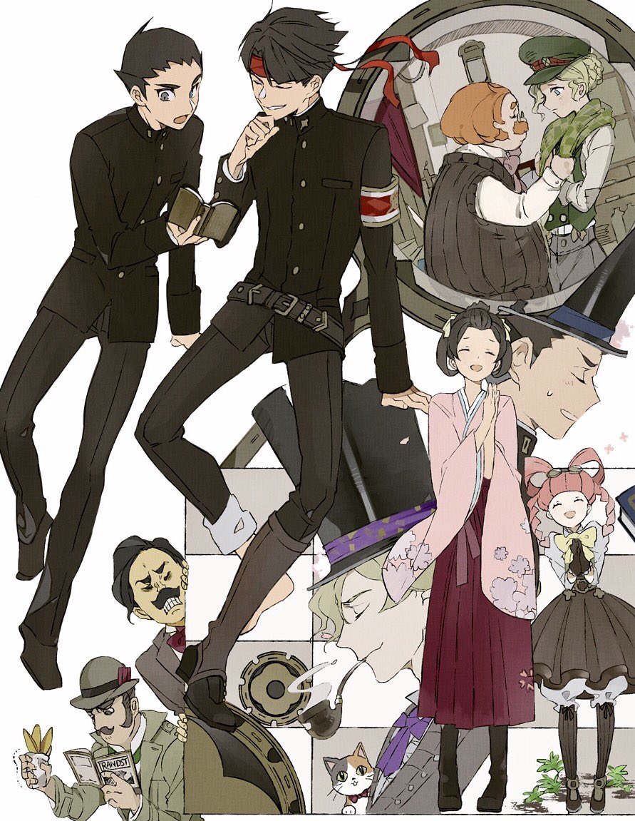 3girls, 6+boys, ace_attorney, animal, black_hair, black_jacket, black_pants, blonde_hair