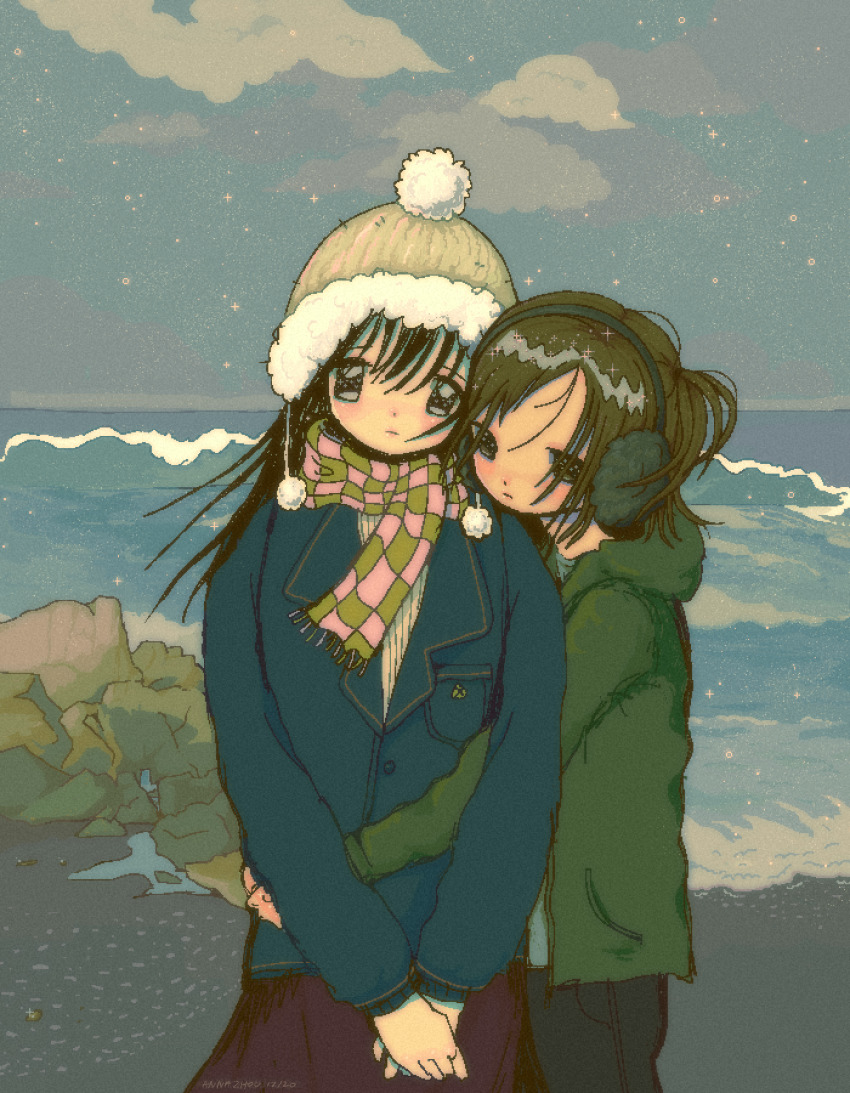 2girls, :|, anna_zhou, beach, beanie, beige_headwear, black_eyes, black_hair, black_pants, blazer, blue_jacket, breast_pocket, brown_eyes, brown_hair, brown_skirt, closed_mouth, cloud, cloudy_sky, couple, cowboy_shot, dated, dot_nose, earmuffs, expressionless, film_grain, floating_hair, fringe_trim, from_side, fur-trimmed_headwear, fur_trim, green_jacket, hair_between_eyes, hat, head_on_another's_shoulder, highres, hood, hood_down, hooded_jacket, horizon, hug, hug_from_behind, jacket, jaggy_lines, long_hair, long_sleeves, looking_at_viewer, looking_to_the_side, multicolored_scarf, multiple_girls, muted_color, ocean, one_side_up, open_clothes, open_jacket, original, outdoors, own_hands_together, pants, parted_bangs, plaid_clothes, plaid_scarf, pocket, pom_pom_(clothes), pom_pom_beanie, puffy_long_sleeves, puffy_sleeves, retro_artstyle, rock, sand, scarf, short_hair, signature, skirt, sky, sparkle, standing, straight-on, swept_bangs, tareme, v_arms, waist_hug, water, wind, winter_clothes, yuri
