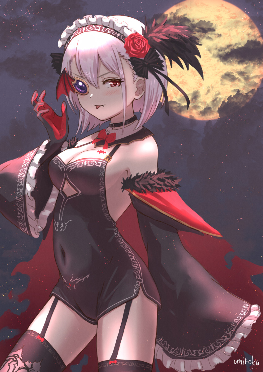 1girl, :p, bare_shoulders, black_dress, black_gloves, black_sleeves, black_thighhighs, blush, breasts, cleavage, closed_mouth, cloud, cloudy_sky, commentary_request, detached_sleeves, dress, fang, fang_out, flower, frilled_sleeves, frills, full_moon, fur-trimmed_sleeves, fur_trim, garter_straps, gloves, hair_between_eyes, hair_flower, hair_ornament, hand_up, highres, izumi_kanagi, izumi_kanagi_(vampire_ver.), long_sleeves, looking_at_viewer, magia_record:_mahou_shoujo_madoka_magica_gaiden, mahou_shoujo_madoka_magica, medium_breasts, moon, night, official_alternate_costume, one_eye_covered, outdoors, pink_hair, red_eyes, red_flower, red_rose, rose, short_hair, signature, sky, sleeveless, sleeveless_dress, smile, solo, thighhighs, tongue, tongue_out, umiroku, v-shaped_eyebrows, wide_sleeves