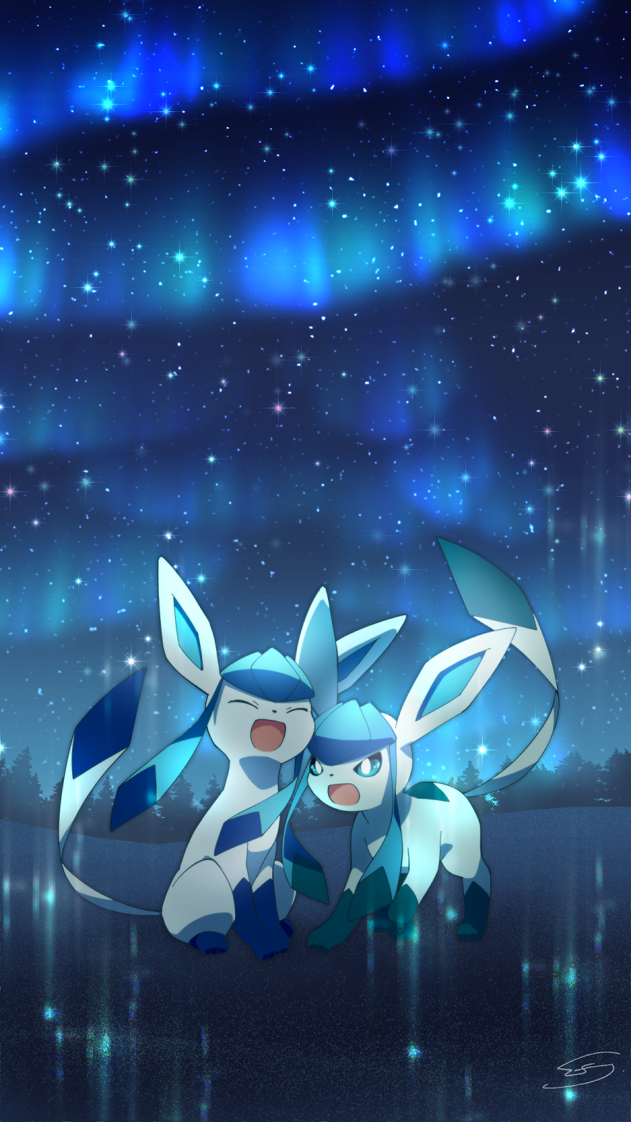 :d, aurora, closed_eyes, commentary_request, gen_4_pokemon, glaceon, green_eyes, highres