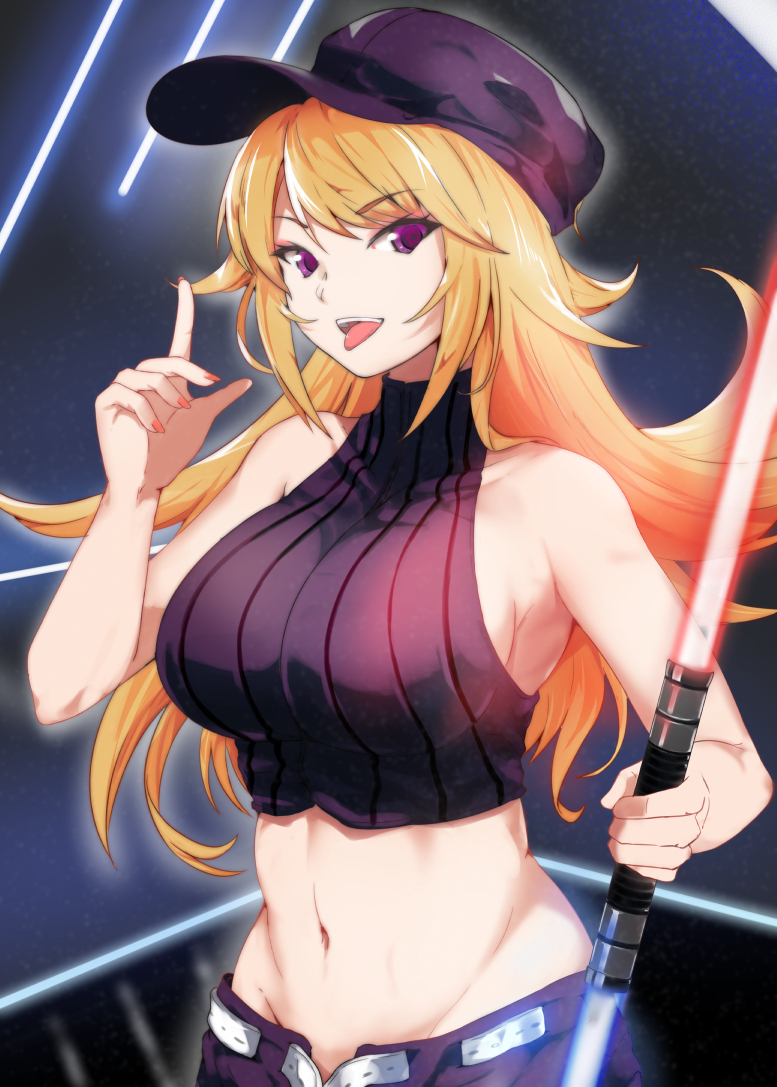 1girl, baseball_cap, beat_saber, belt, black_hat, black_shorts, black_tank_top, blonde_hair