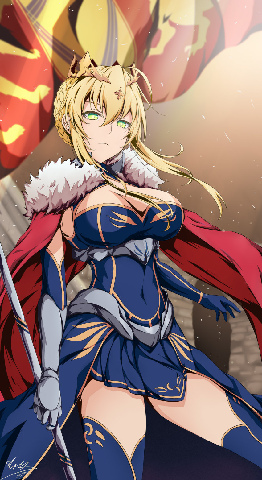 1girl, absurdres, ahoge, artoria_pendragon_(fate), artoria_pendragon_(lancer)_(fate), blonde_hair, blue_gloves, blue_thighhighs