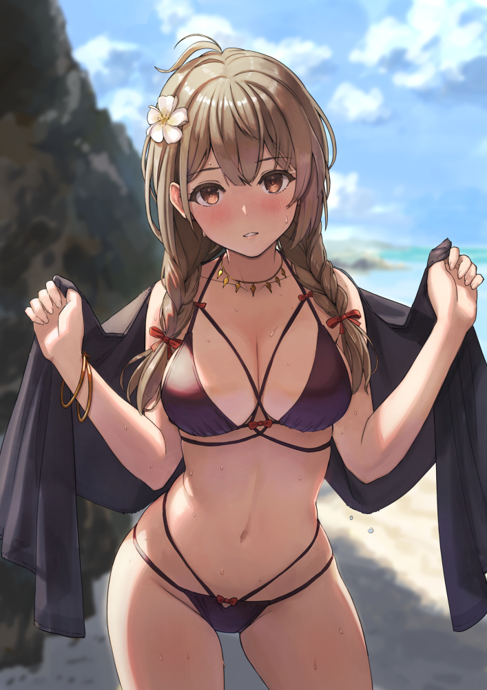 1girl, ahoge, alternate_costume, beach, bikini, black_bikini, blush, bow