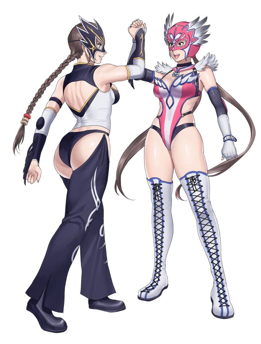 2girls, absurdres, alternate_costume, ass, back_cutout, black_choker, boots, braid