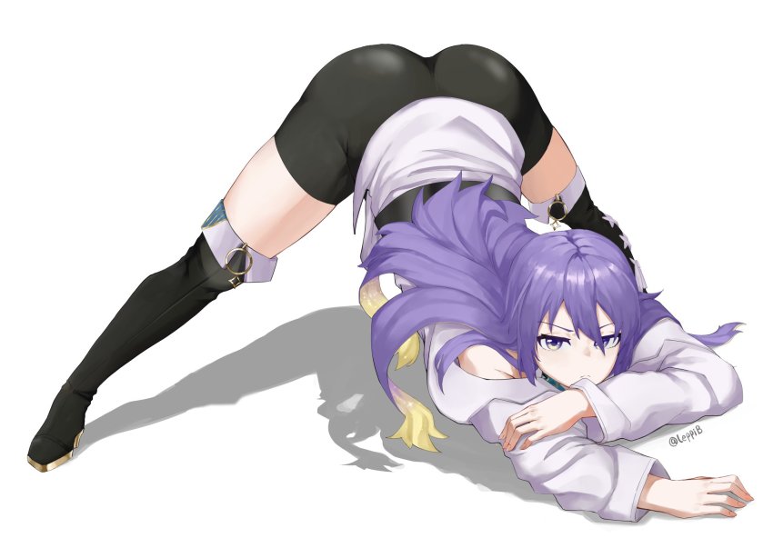 1girl, ass, black_boots, black_shorts, black_thighhighs, blonde_hair, boots, closed_mouth, clothing_cutout, colored_inner_hair, frown, hair_between_eyes, high_heel_boots, high_heels, highres, hololive, hololive_indonesia, jack-o'_challenge, leppib, long_hair, long_sleeves, looking_at_viewer, meme, miniskirt, moona_hoshinova, multicolored_hair, parody, purple_eyes, purple_hair, scowl, shadow, shirt, short_shorts, shorts, shoulder_cutout, simple_background, skirt, solo, spread_legs, thigh_boots, thighhighs, top-down_bottom-up, twitter_username, two-tone_hair, v-shaped_eyebrows, virtual_youtuber, white_background, white_shirt, white_skirt