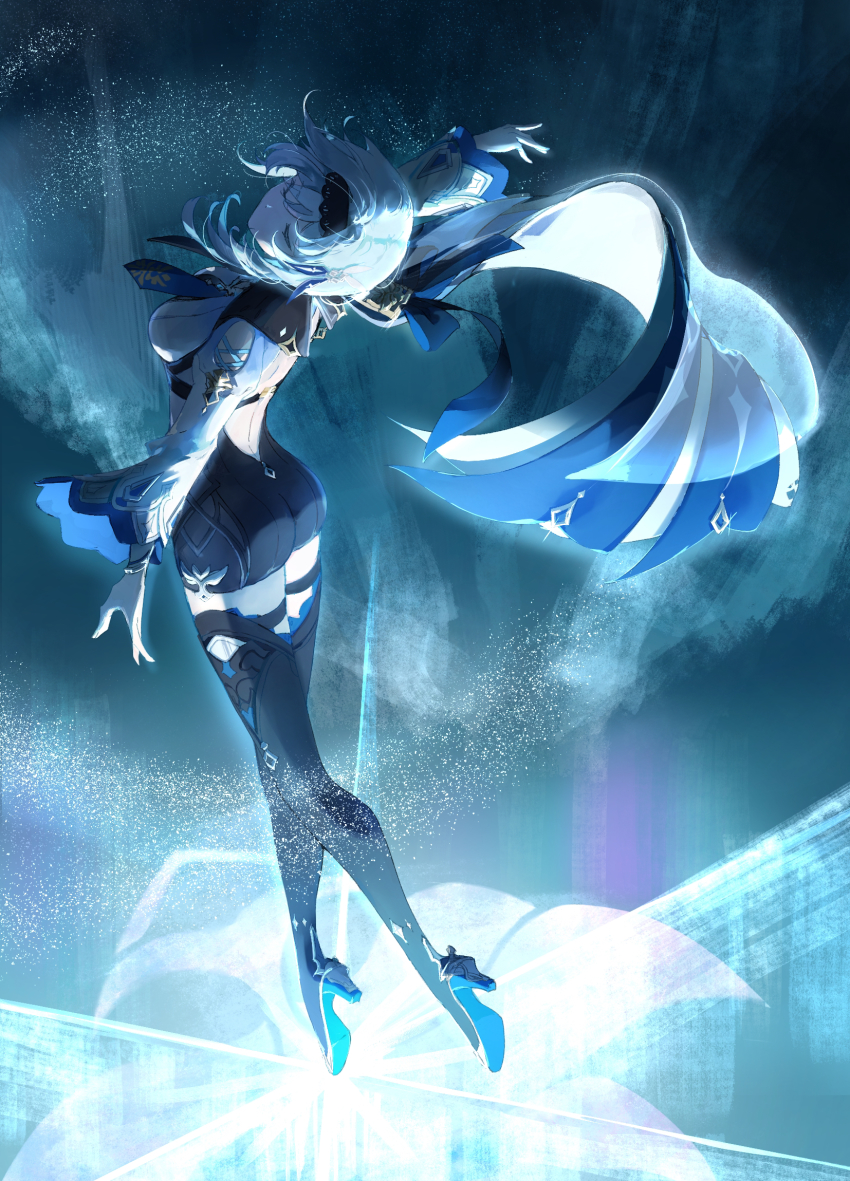 1girl, a_ji, ass, back_cutout, blue_cape, blue_hair, blue_necktie, boots, breasts, cape, closed_eyes, clothing_cutout, eula_(genshin_impact), facing_back, genshin_impact, hairband, highres, medium_hair, necktie, shoulder_cutout, solo, thigh_boots, thighhighs, thighs