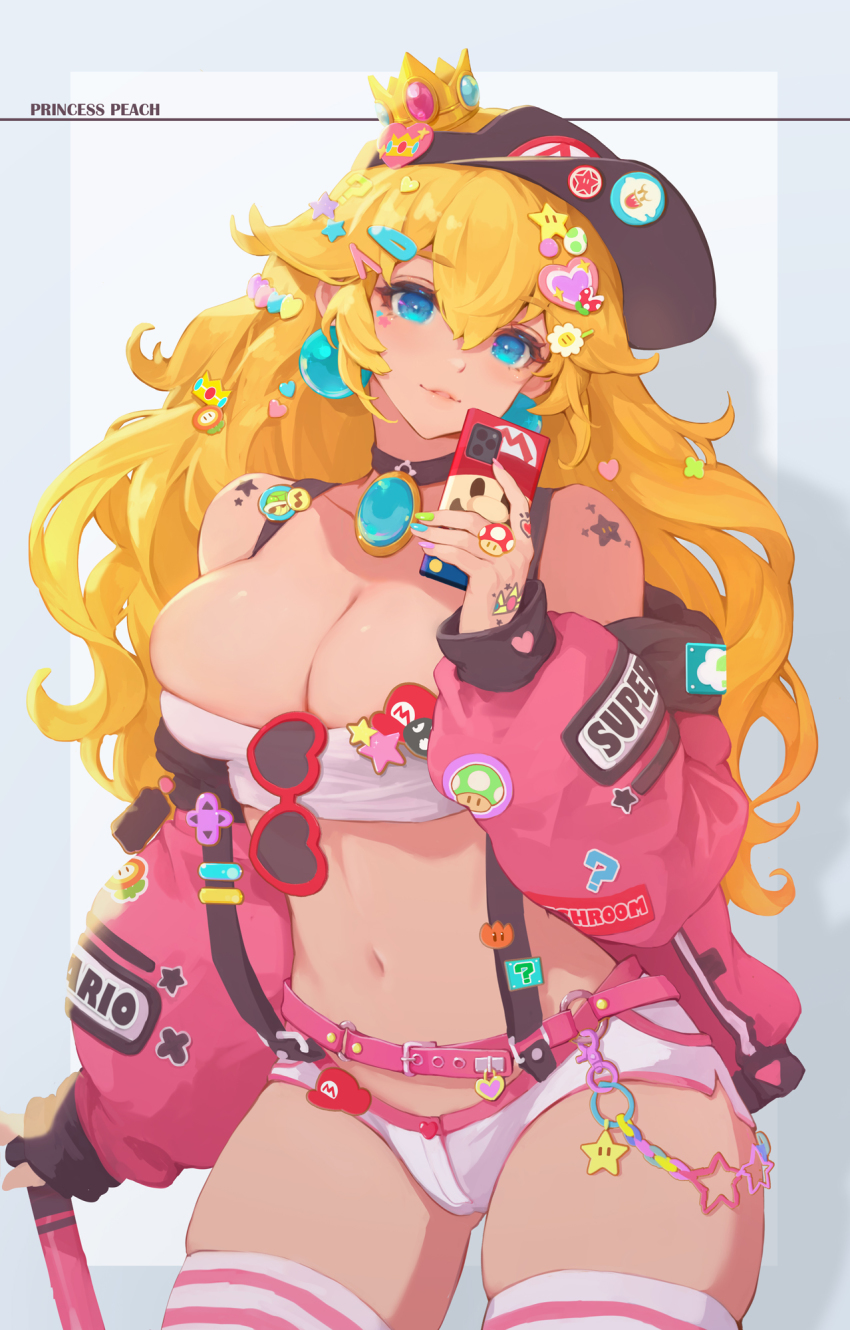 1-up_mushroom, 1girl, ?_block, amekaji_gyaru, baseball_cap, black_choker, black_hat, blonde_hair, blue_eyes, blue_nails, boo_(mario), breasts, bullet_bill, cellphone, choker, cleavage, commentary, crown, crown_(symbol), earrings, english_commentary, fingernails, fire_flower, green_nails, gyaru, hair_between_eyes, hair_ornament, hat, highres, holding, holding_phone, jacket, jewelry, large_breasts, long_hair, long_sleeves, looking_at_viewer, mario, mario_(series), multicolored_nails, mushroommirror, nail_polish, navel, nintendo, phone, pink_jacket, pink_nails, piranha_plant, princess_peach, shell, short_shorts, shorts, shoulder_tattoo, solo, sphere_earrings, star_(symbol), star_tattoo, striped_clothes, striped_thighhighs, super_star_(mario), tattoo, thighhighs, thighs, white_shorts, white_thighhighs