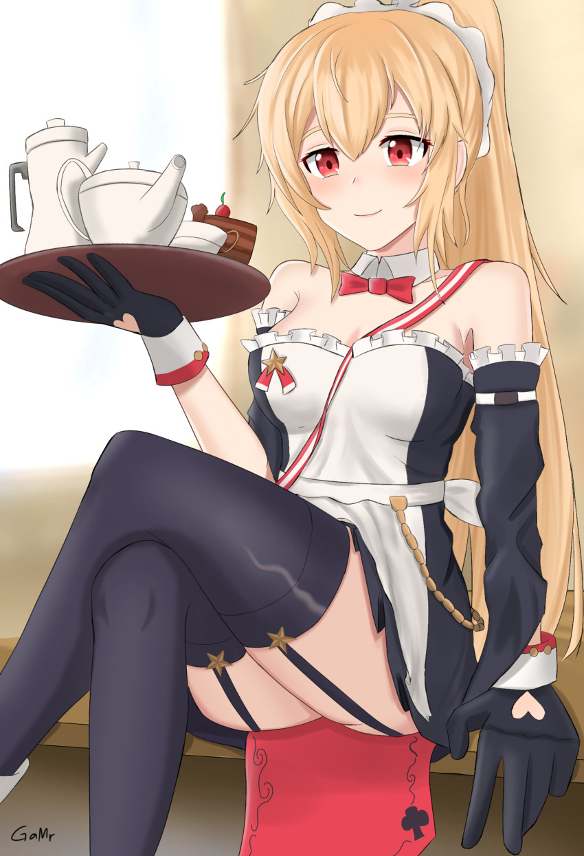 1girl, black_thighhighs, blonde_hair, bow, bowtie, cake, cake_slice, crossed_legs
