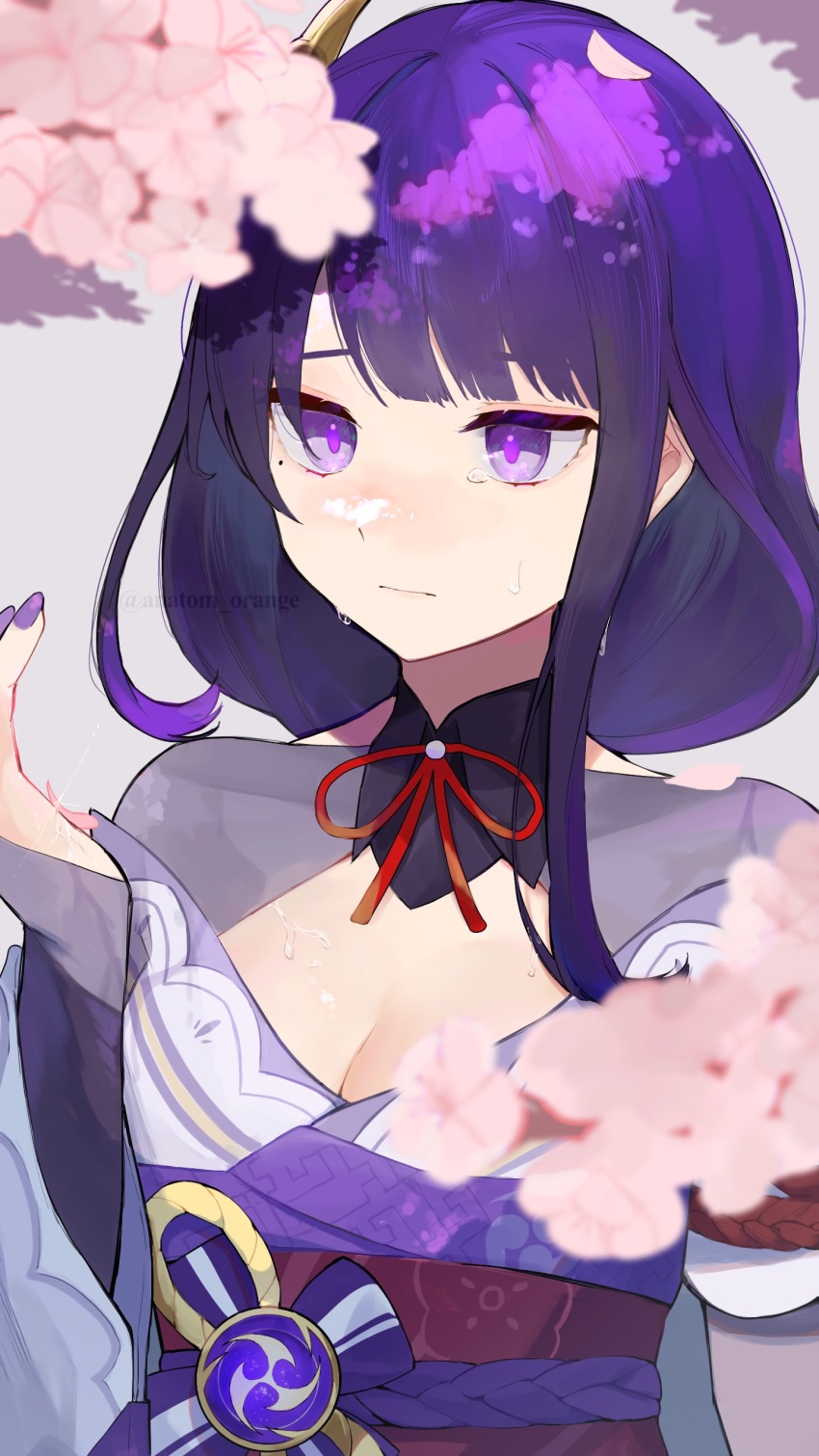 1girl, absurdres, anatom_orange, bad_id, bad_pixiv_id, braid, breasts, cherry_blossoms